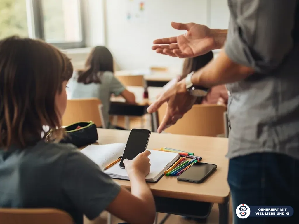 Lehrer steht neben Schüler mit Smartphone am Schreibtisch im Klassenzimmer, weitere Kinder sitzen im Hintergrund. (mit KI erstellt)