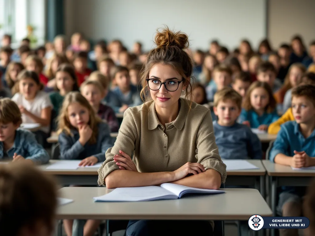 Lehrerin sitzt mit offenem Heft vor einer großen Schulklasse im Klassenzimmer. (mit KI erstellt)