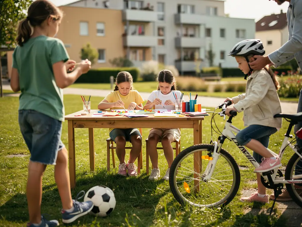 Mädchen basteln am Tisch im Park, daneben stehen ein Fußball und ein Kind mit Fahrradhelm auf dem Rad.