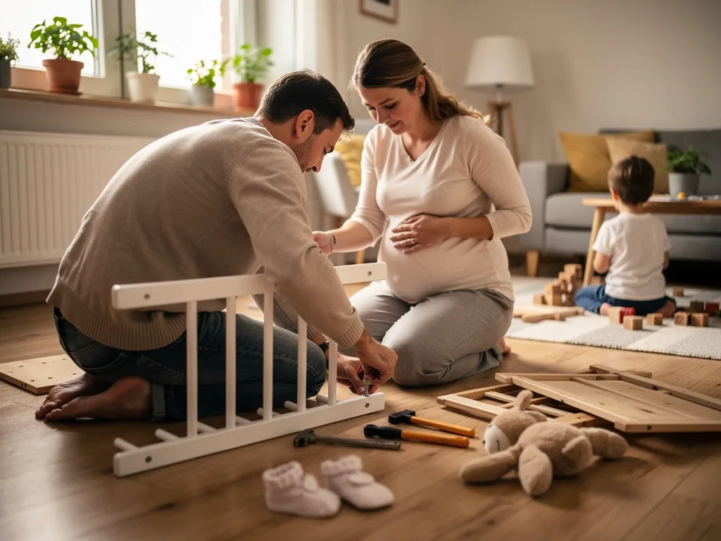 Mann baut neben schwangerer Frau ein Babybett auf, während ein Kind im Wohnzimmer mit Bauklötzen spielt.