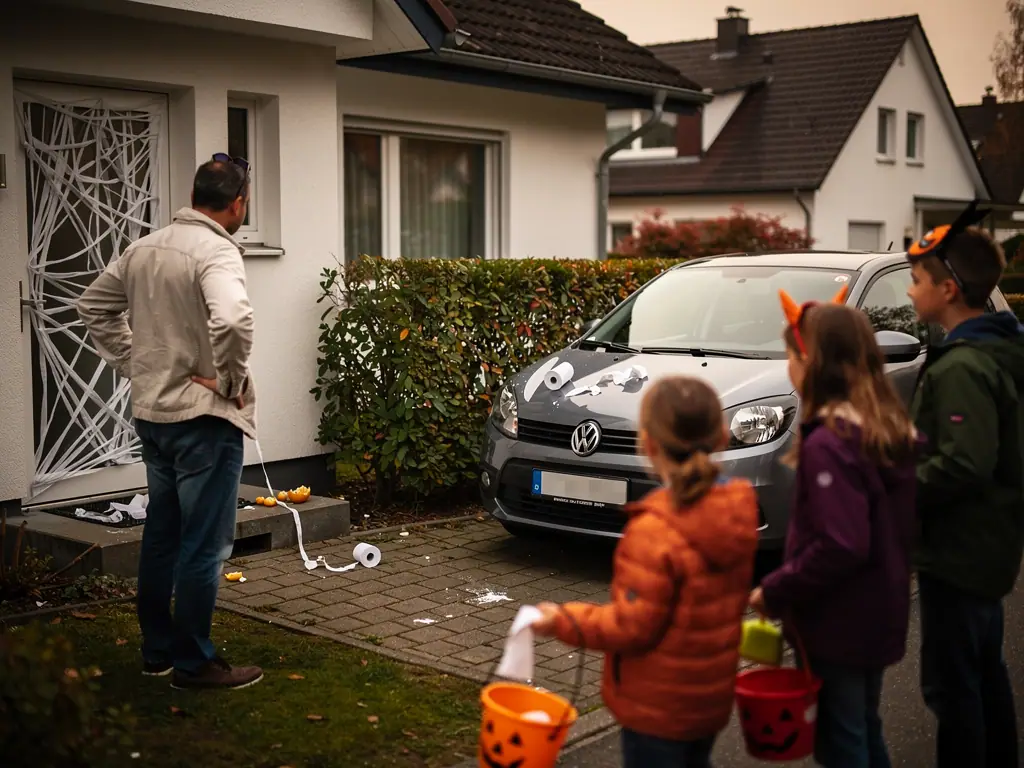 Mann betrachtet mit Toilettenpapier dekorierte Haustür und Auto, während drei verkleidete Kinder danebenstehen.