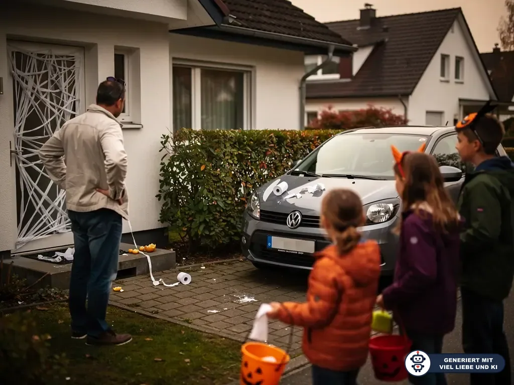 Mann betrachtet mit Toilettenpapier dekorierte Haustür und Auto, während drei verkleidete Kinder danebenstehen. (mit KI erstellt)