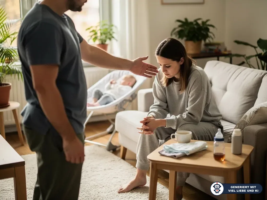 Mann gestikuliert vor erschöpfter Mutter auf dem Sofa, Baby liegt im Hintergrund in einer Wippe. (mit KI erstellt)