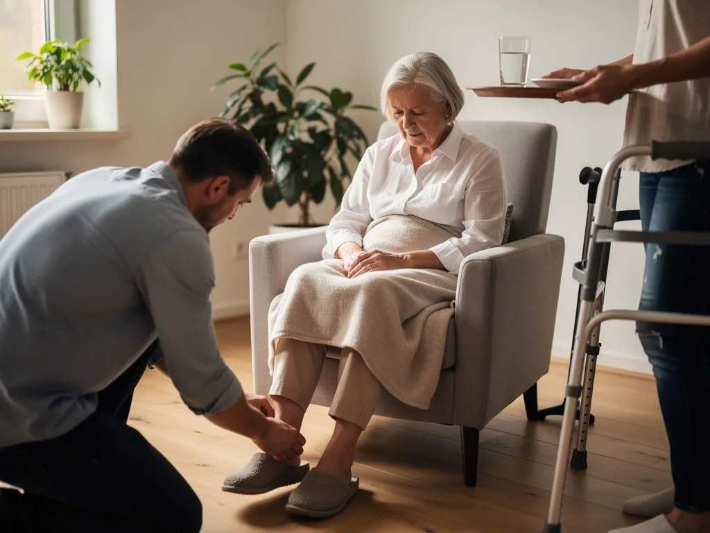 Mann hilft älterer Frau im Sessel mit Hausschuhen, daneben Rollator und Person mit Tablett und Wasserglas.