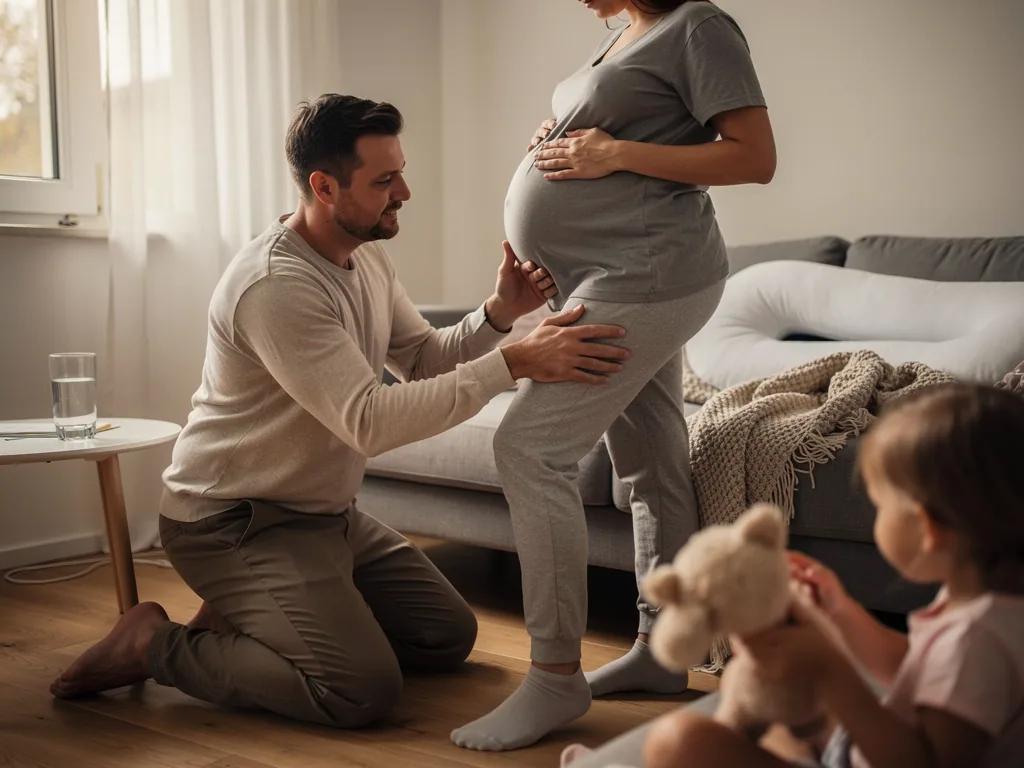Mann kniet vor schwangerer Frau und berührt ihren Bauch, während ein Kind mit Teddy im Wohnzimmer sitzt.