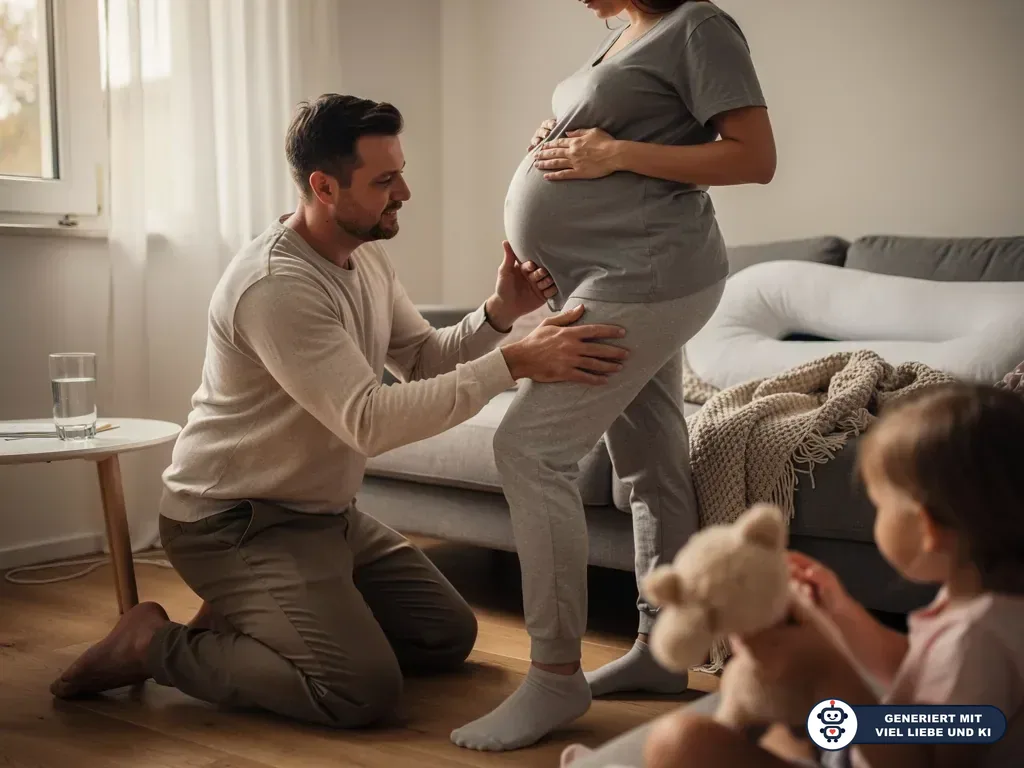 Mann kniet vor schwangerer Frau und berührt ihren Bauch, während ein Kind mit Teddy im Wohnzimmer sitzt. (mit KI erstellt)