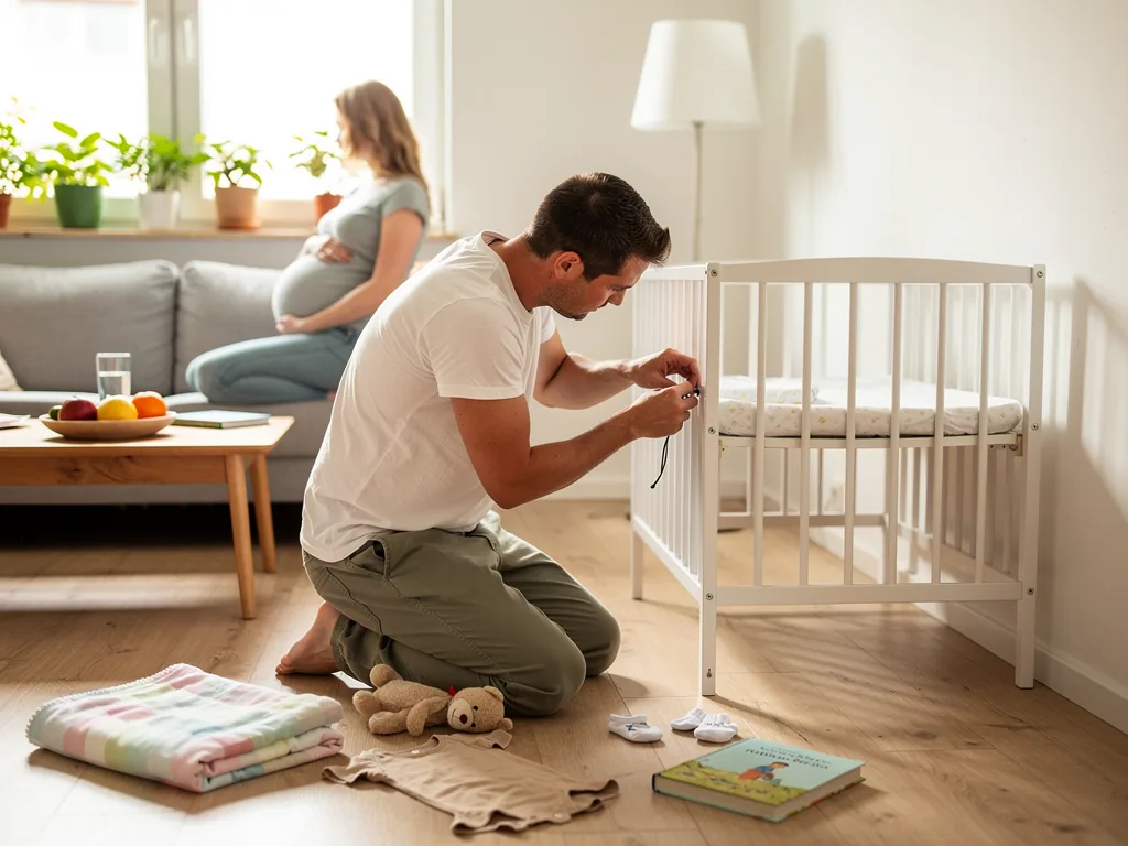 Mann montiert ein Babybett im Wohnzimmer, während eine schwangere Frau auf dem Sofa sitzt.
