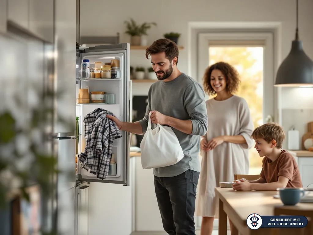 Mann räumt in der Küche Einkäufe in den Kühlschrank, Frau und Kind stehen bzw. sitzen lächelnd daneben. (mit KI erstellt)