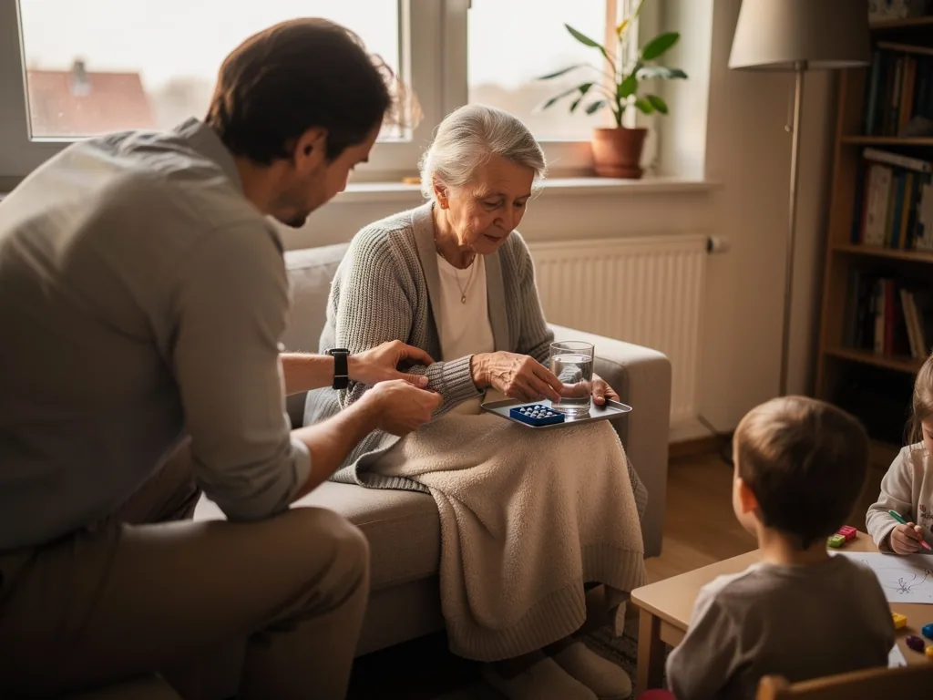 Mann reicht älterer Frau auf dem Sofa Medikamente; zwei Kinder sitzen am Tisch im Wohnzimmer.