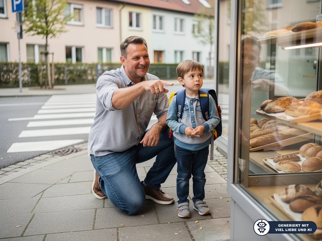 Mann zeigt einem Kind mit Schulranzen an einer Bäckerei den Weg; im Hintergrund ist ein Zebrastreifen. (mit KI erstellt)