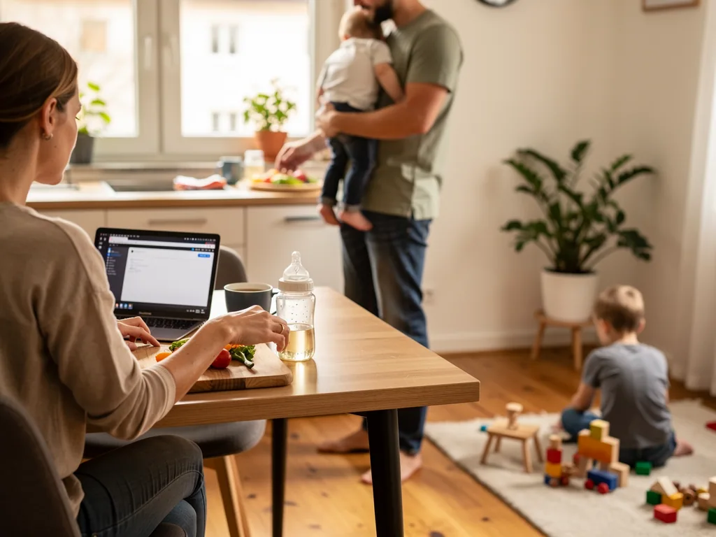 Mutter arbeitet am Laptop, Vater hält Baby, Kleinkind spielt im Wohnzimmer mit Bauklötzen.