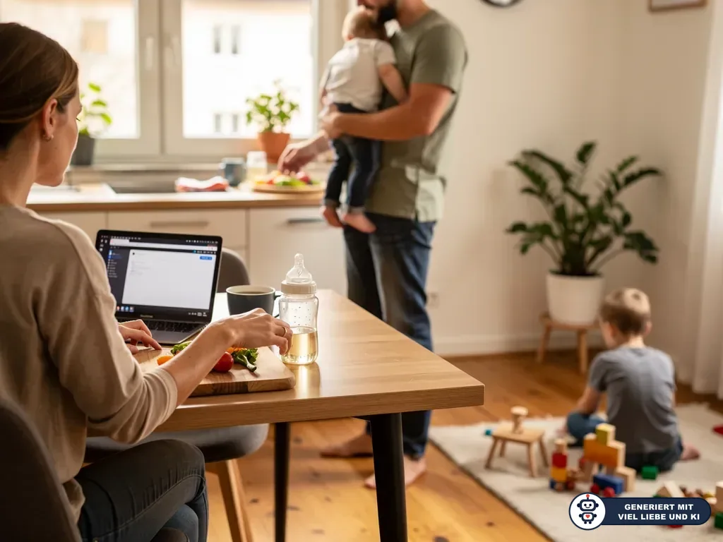 Mutter arbeitet am Laptop, Vater hält Baby, Kleinkind spielt im Wohnzimmer mit Bauklötzen. (mit KI erstellt)