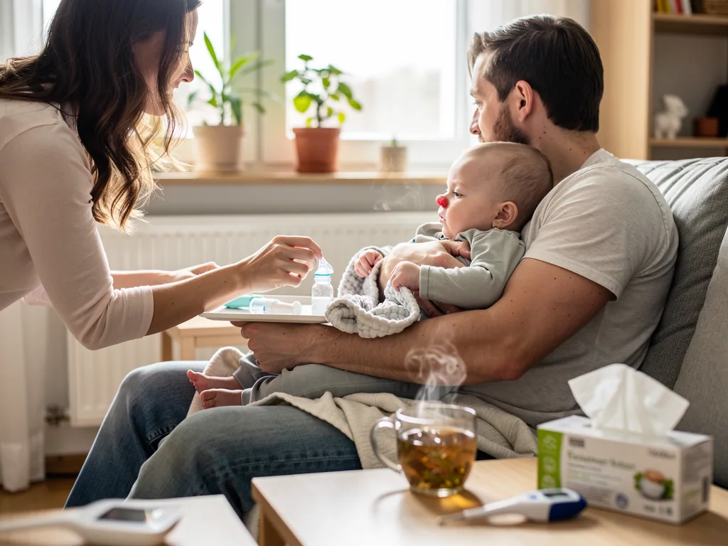 Mutter bereitet Nasentropfen vor, Vater hält erkältetes Baby mit roter Nase auf dem Sofa.