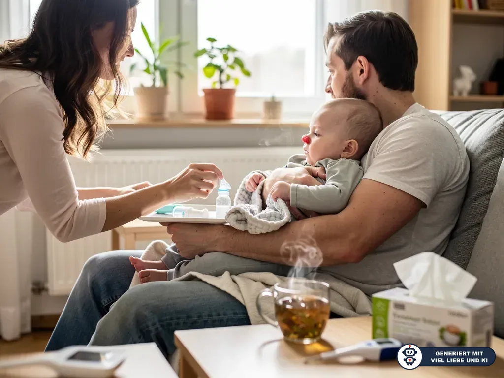 Mutter bereitet Nasentropfen vor, Vater hält erkältetes Baby mit roter Nase auf dem Sofa. (mit KI erstellt)