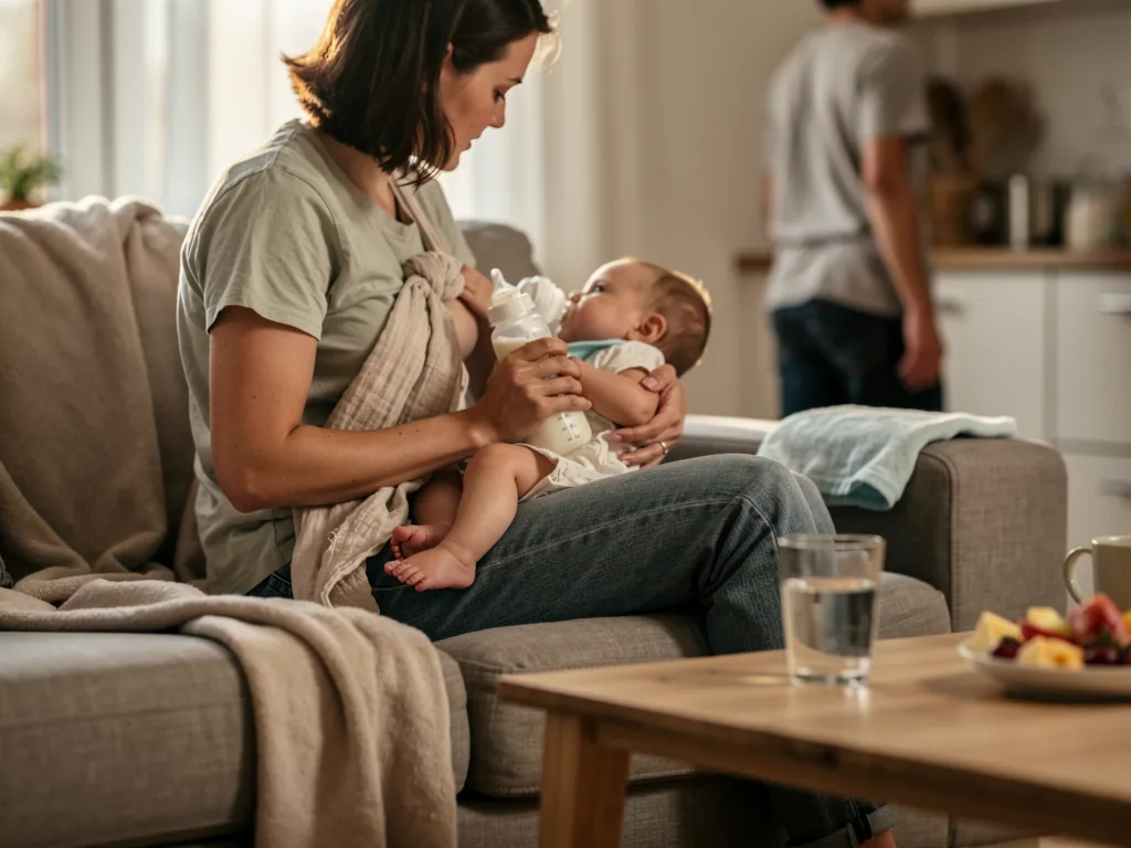 Mutter füttert ein Baby mit der Flasche auf dem Sofa, im Hintergrund steht ein Elternteil in der Küche.
