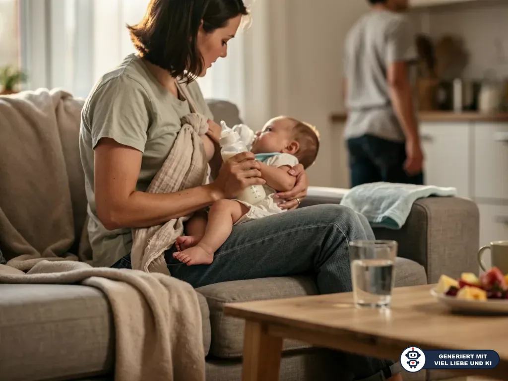 Mutter füttert ein Baby mit der Flasche auf dem Sofa, im Hintergrund steht ein Elternteil in der Küche. (mit KI erstellt)