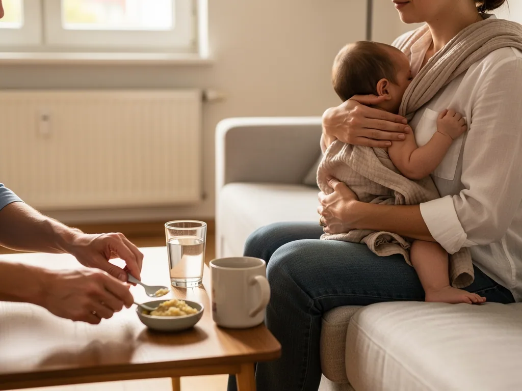 Mutter hält Baby im Tragetuch, während eine zweite Person Brei am Couchtisch vorbereitet.