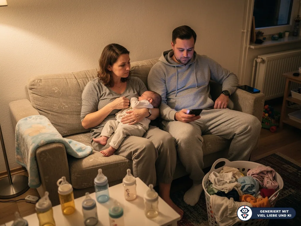 Mutter hält ein Baby auf dem Sofa, daneben sitzt der Vater mit Smartphone; Fläschchen und Wäsche stehen im Raum. (mit KI erstellt)