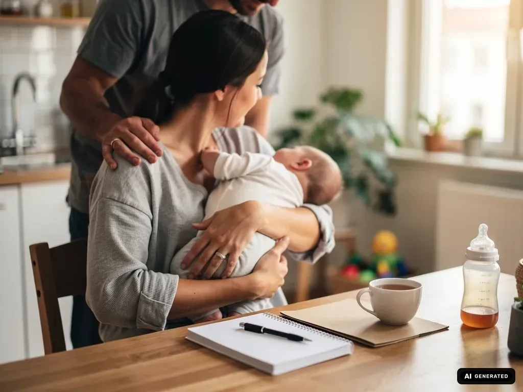 Mutter hält ihr Baby am Küchentisch, Vater steht hinter ihr; Notizbuch, Tee und Babyflasche liegen bereit. (mit KI erstellt)