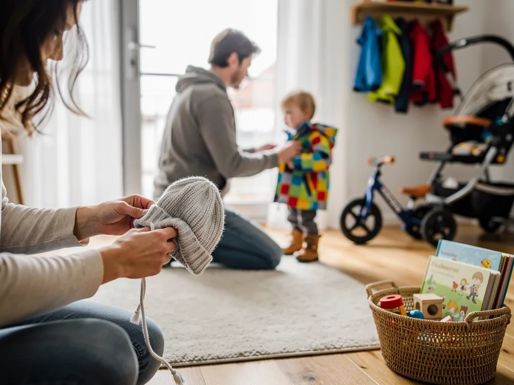 Mutter hält Kindermütze, Vater zieht Kleinkind bunte Jacke an; Kinderwagen, Laufrad und Spielzeug stehen bereit.
