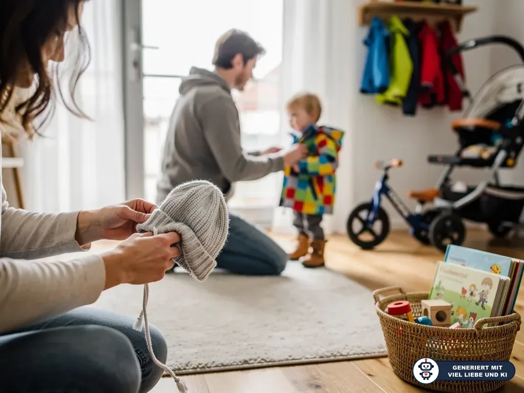 Mutter hält Kindermütze, Vater zieht Kleinkind bunte Jacke an; Kinderwagen, Laufrad und Spielzeug stehen bereit. (mit KI erstellt)