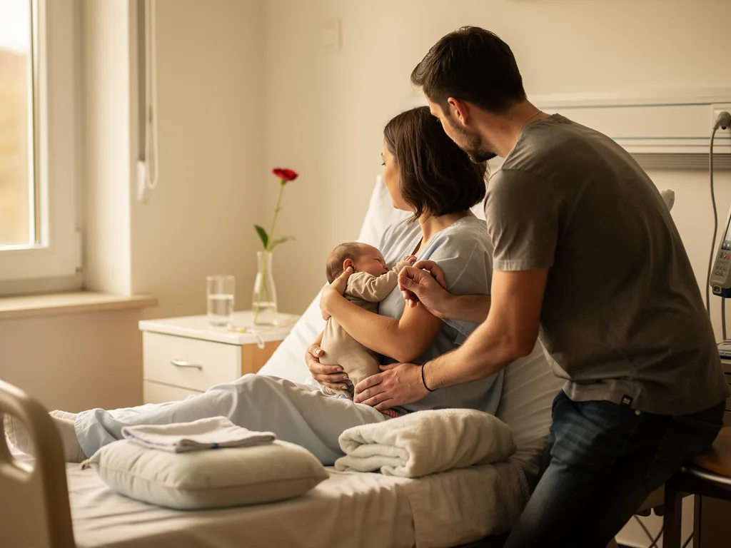 Mutter hält Neugeborenes im Klinikbett, Vater sitzt neben ihr und schaut mit ihr zum Fenster.