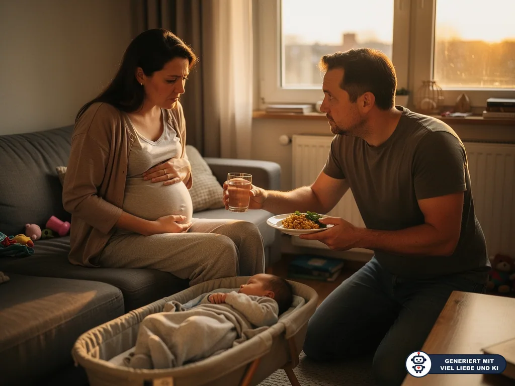 Mutter hält sich den Bauch, Vater bietet Essen und Wasser an, Baby schläft im Stubenwagen im Wohnzimmer. (mit KI erstellt)