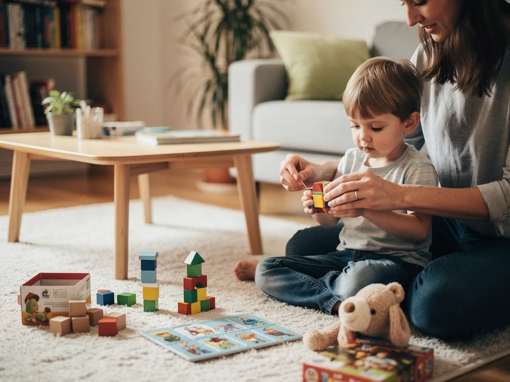 Mutter hilft einem kleinen Kind im Wohnzimmer beim Spielen mit bunten Holzbausteinen und Lernspiel.