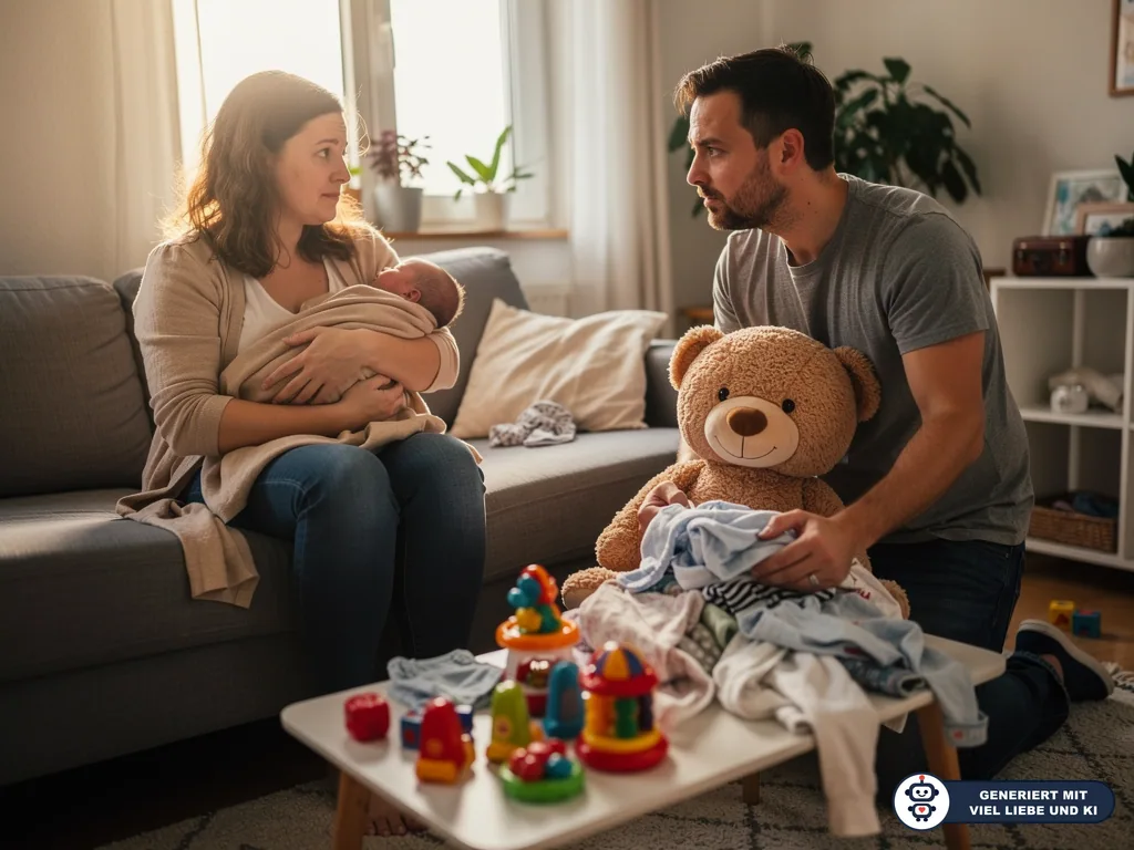 Mutter mit Baby auf dem Sofa und Vater mit übergroßem Teddy und vielen Geschenken im Wohnzimmer (mit KI erstellt)