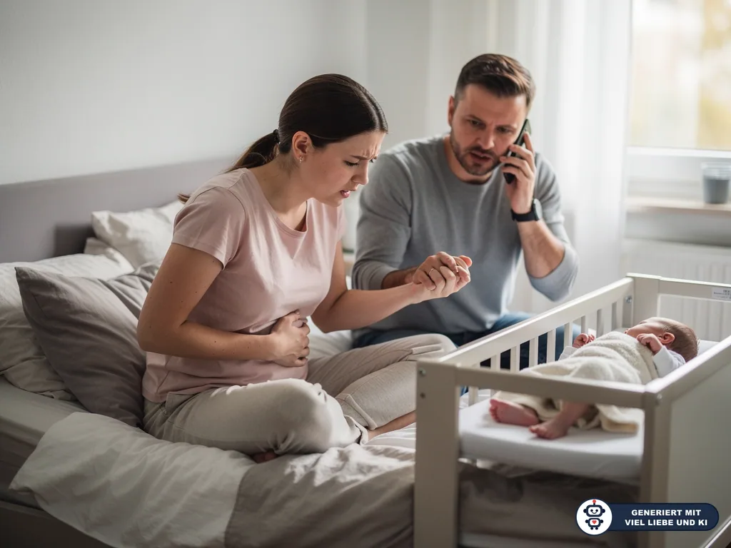 Mutter mit Bauchschmerzen sitzt im Bett, Vater telefoniert besorgt neben dem Baby im Beistellbett. (mit KI erstellt)