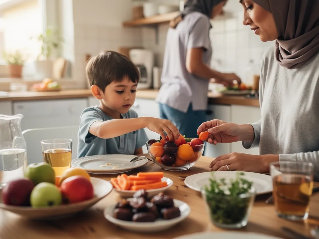 Mutter mit Kopftuch und Kind greifen in einer Küche nach Obst; auf dem Tisch stehen Datteln, Gemüse und Getränke.