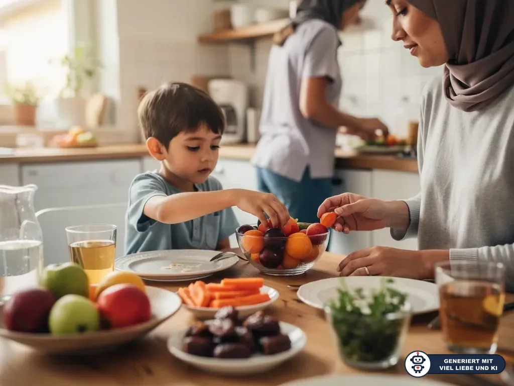 Mutter mit Kopftuch und Kind greifen in einer Küche nach Obst; auf dem Tisch stehen Datteln, Gemüse und Getränke. (mit KI erstellt)