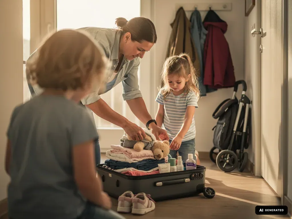 Mutter packt mit zwei Kindern Kleidung, Kuscheltiere und Pflegeartikel in einen Koffer im Flur. (mit KI erstellt)