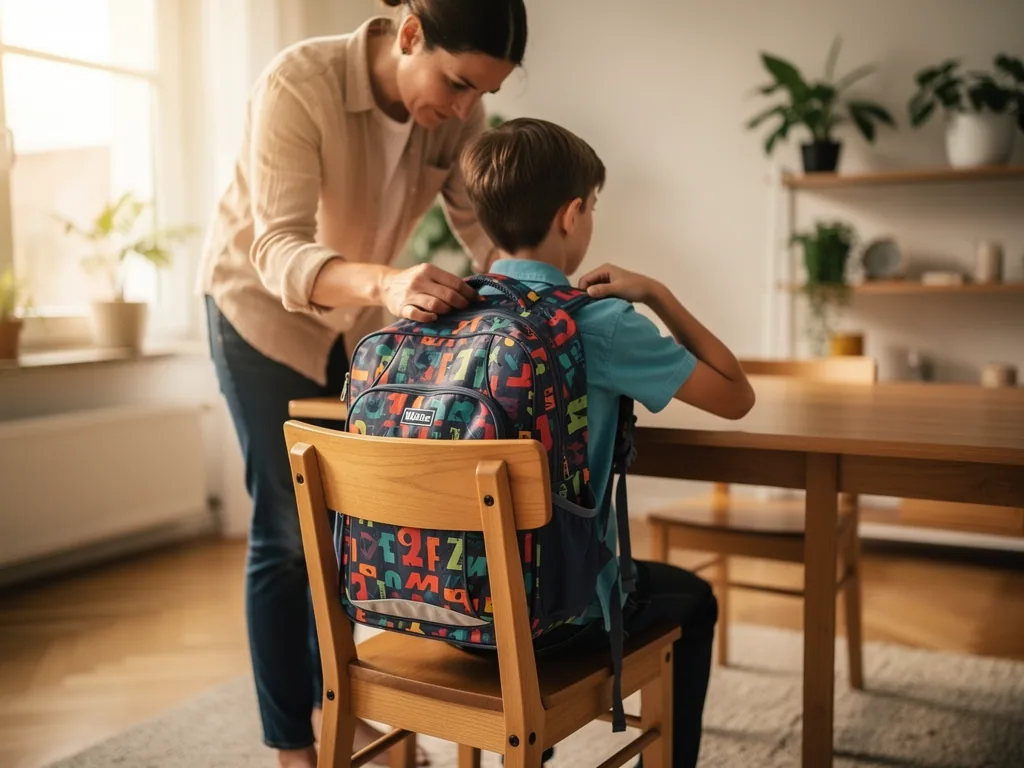 Mutter passt einem sitzenden Kind am Schreibtisch die Gurte des Schulranzens an.