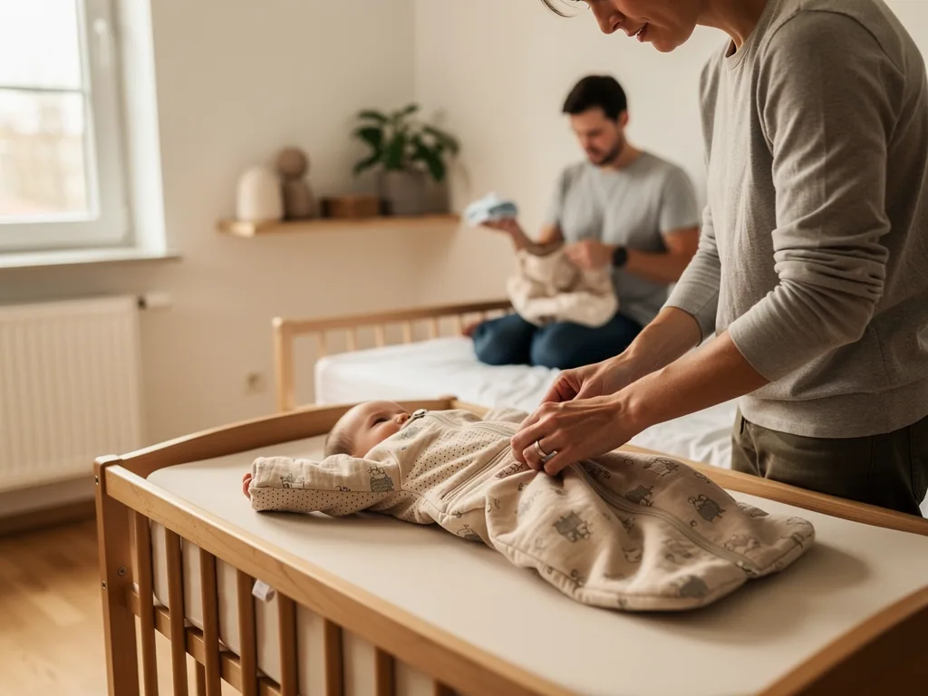 Mutter schließt einem Baby im Gitterbett den Schlafsack, Vater sitzt mit Kleidung im Hintergrund.