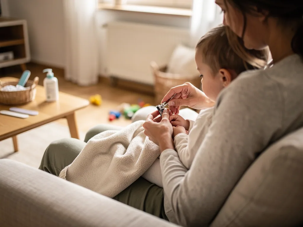 Mutter schneidet einem Baby auf dem Schoß vorsichtig die Fingernägel mit einem Nagelknipser.