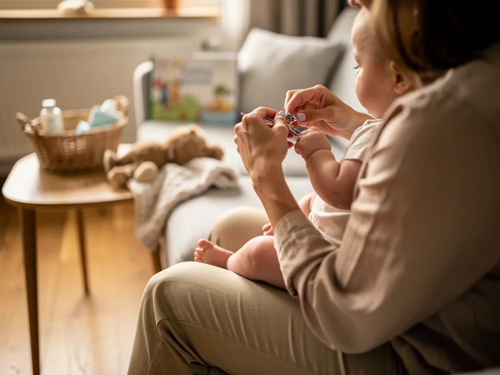 Mutter schneidet einem Baby auf dem Schoß vorsichtig die Fingernägel im Wohnzimmer.
