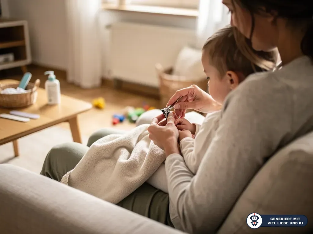 Mutter schneidet einem Baby auf dem Schoß vorsichtig die Fingernägel mit einem Nagelknipser. (mit KI erstellt)