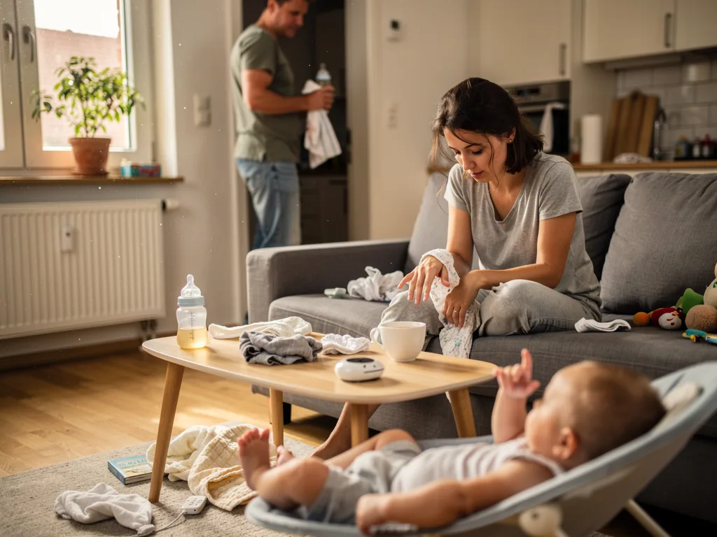 Mutter sitzt erschöpft auf dem Sofa, Baby liegt in Wippe, Vater steht mit Fläschchen im Hintergrund.