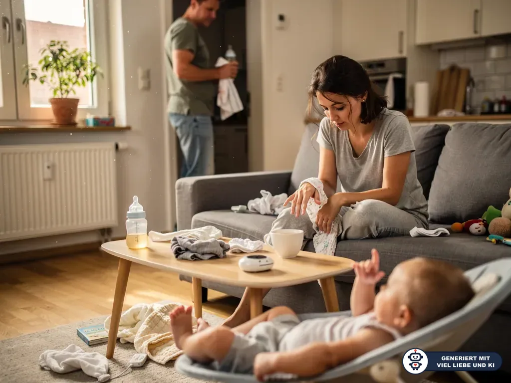 Mutter sitzt erschöpft auf dem Sofa, Baby liegt in Wippe, Vater steht mit Fläschchen im Hintergrund. (mit KI erstellt)