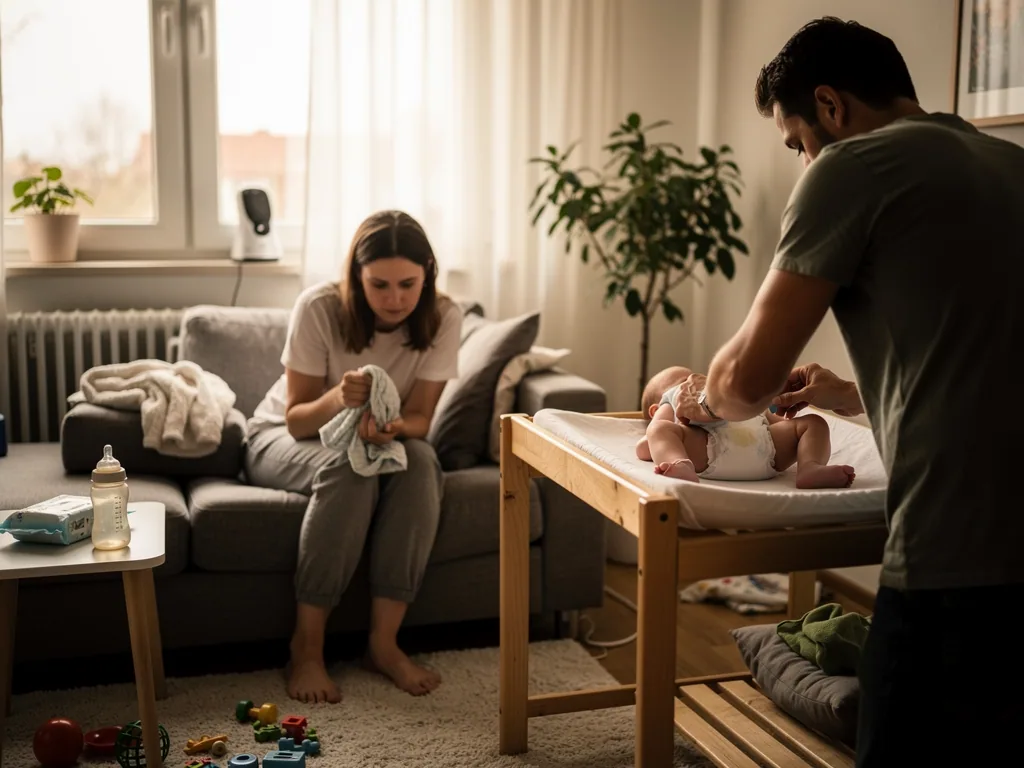 Mutter sitzt erschöpft auf dem Sofa, während der Vater das Baby am Wickeltisch versorgt.