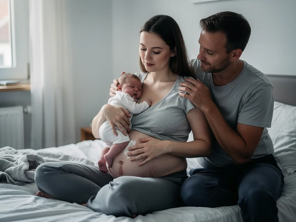 Mutter sitzt mit Neugeborenem auf dem Bett, Vater neben ihr; ihr Bauch zeigt Streifen und eine Narbe.
