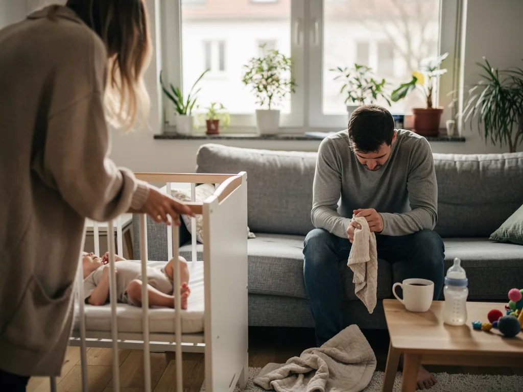 Mutter steht am Babybett, Vater sitzt erschöpft auf dem Sofa und hält ein Tuch im Wohnzimmer.