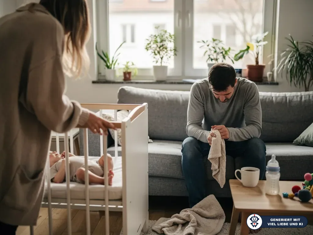 Mutter steht am Babybett, Vater sitzt erschöpft auf dem Sofa und hält ein Tuch im Wohnzimmer. (mit KI erstellt)