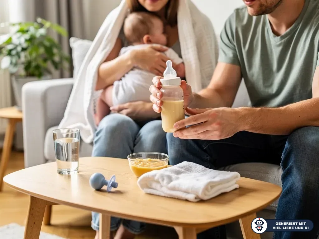 Mutter stillt Baby auf dem Sofa, Vater hält ein Fläschchen; auf dem Tisch stehen Brei, Wasser, Schnuller und Tuch. (mit KI erstellt)