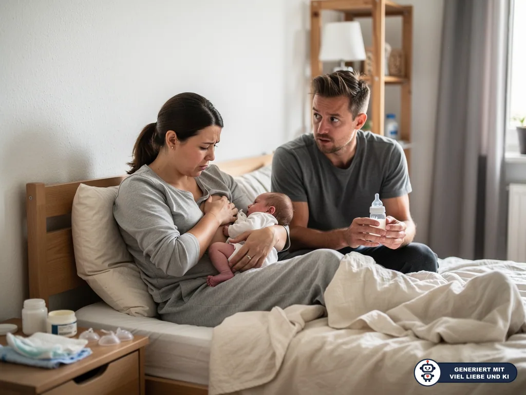 Mutter stillt Baby im Bett, Vater sitzt daneben und hält eine Babyflasche in der Hand. (mit KI erstellt)