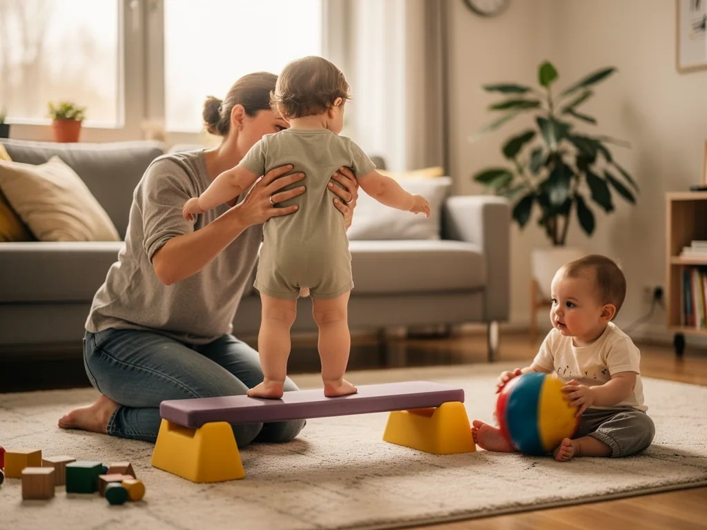 Mutter stützt Kleinkind auf niedriger Balancierbank, daneben sitzt ein Baby mit Ball im Wohnzimmer.