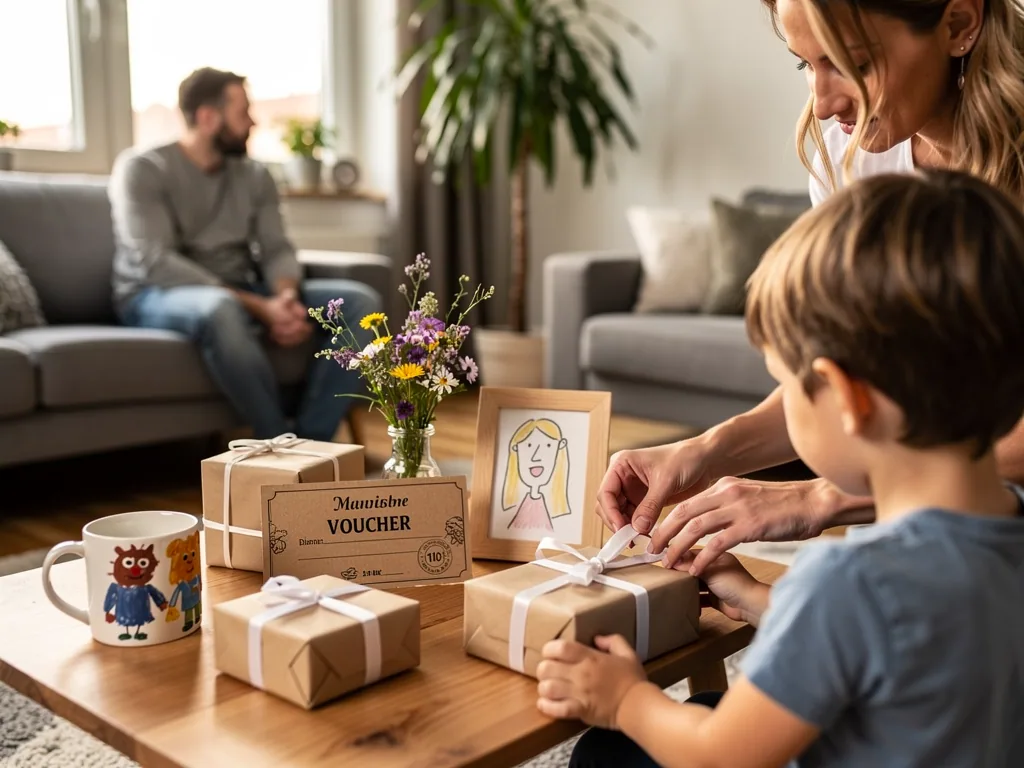 Mutter und Kind verpacken selbst gemachte Geschenke für Papa auf dem Wohnzimmertisch.