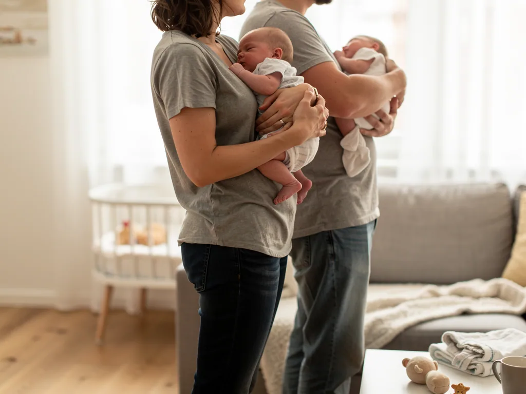 Mutter und Vater halten je ein neugeborenes Zwillingsbaby im hellen Wohnzimmer.