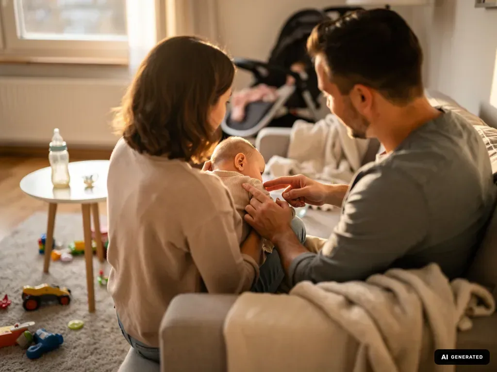 Mutter und Vater sitzen auf dem Sofa und kümmern sich gemeinsam um ihr Baby im Wohnzimmer. (mit KI erstellt)